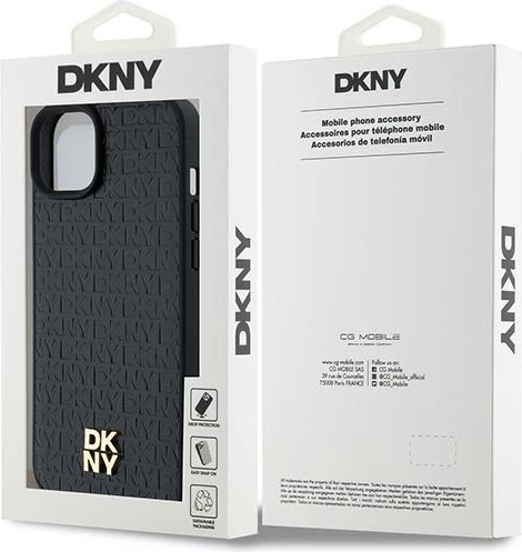 Mbështjellës DKNY Leather Monogram Pattern Metal Logo MagSafe për iPhone 15 Plus / 14 Plus, i zi