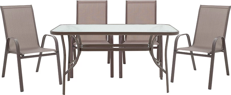 Tavolinë me karrige për terasë, 5 copë, Ensure-Calan, metal-xham, ngjyrë kafe, 140x80x70cm