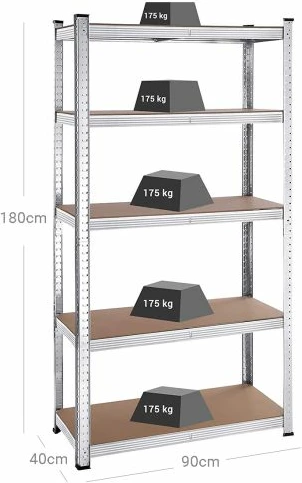 raft metalik magazinimi SONGMICS GLR040E02, 5 nivele, 40 x 90 x 180 cm, kapacitet 875 kg, set 2 copë, argjendtë