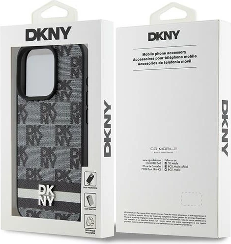 Mbështjellës DKNY Leather Checkered Mono Pattern & Printed Stripes për iPhone 15 Pro Max, e zezë