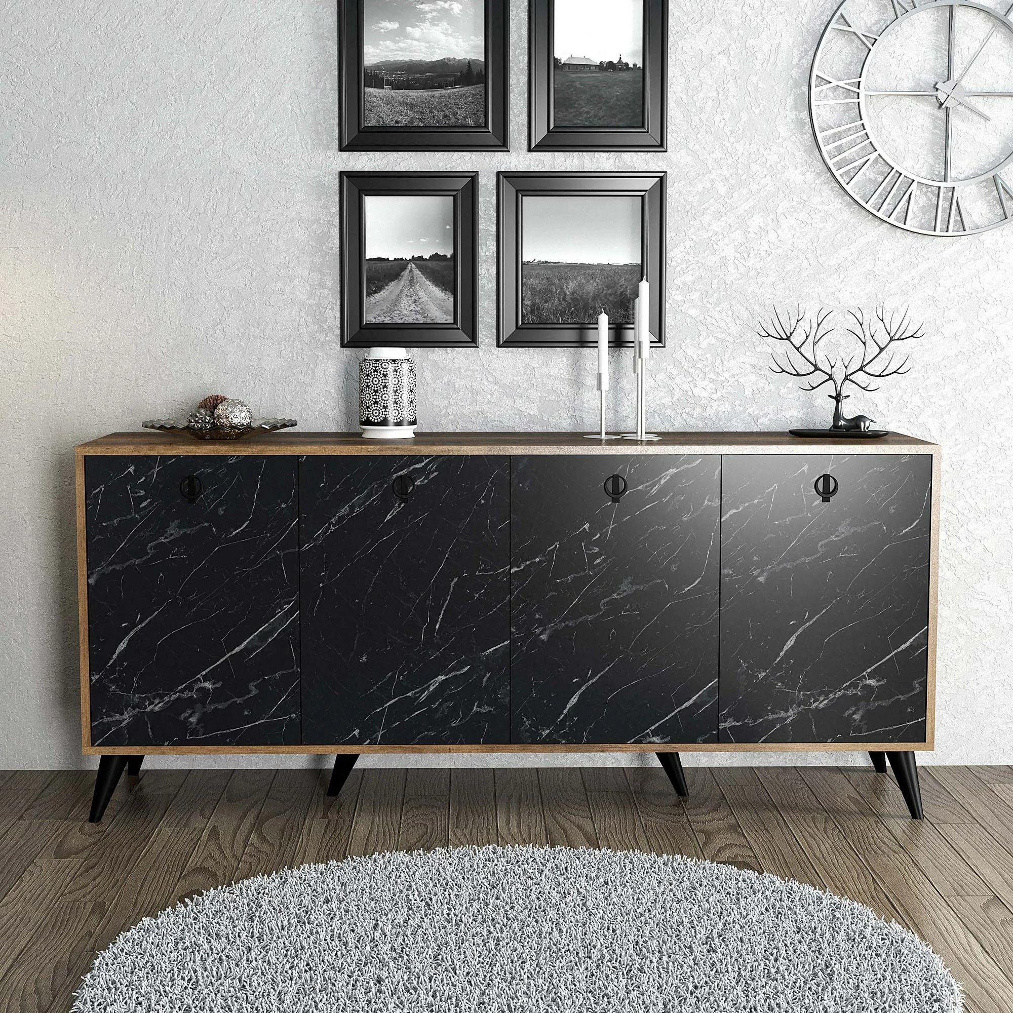 Konsolë Elite, ngjyrë arre dhe mermer i zi, 180x80x45cm