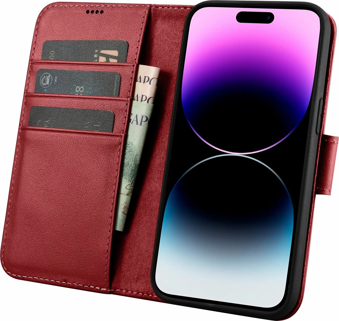 Mbështjellës iCarer Wallet Case 2in1 për iPhone 14 Pro Max, lëkurë, Anti-RFID, e kuqe