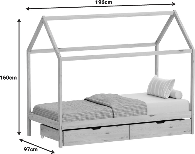 Krevat për fëmijë Mellin Montessori me 2 sirtarë, dru pishe, ngjyrë natyrale, 90x190cm