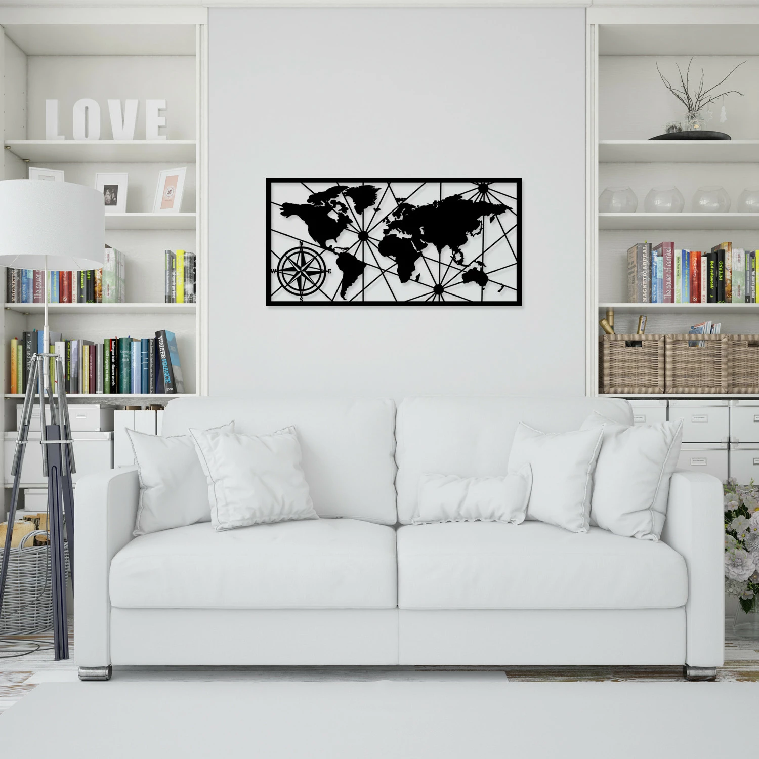 Aksesor dekorativ metalik për mur, hartë bote, ngjyrë e zezë, 100x50cm