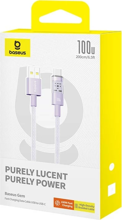 Kabllo Baseus Gem USB A në USB C, 2 m, 100 W, Vjollcë