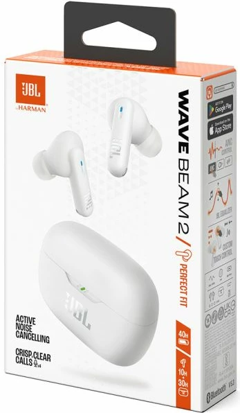 Kufje JBL Wave Beam 2, True Wireless, ANC, Bluetooth 5.3, 40 orë bateri, 4 mikrofona, IP54, me kasë karikimi, e bardhë