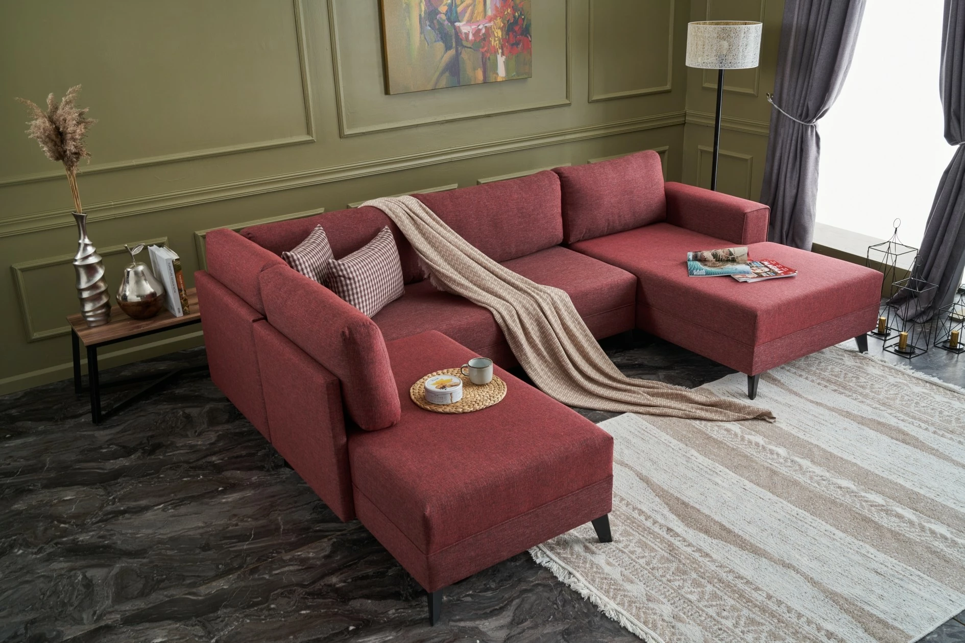 Kënd-sofë krevati Atelier del Sofa, Efsun, ngjyrë e kuqe e errët