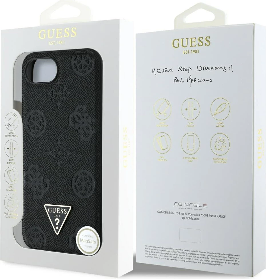Mbështjellës Guess Grained Hot Stamp Peony Triangle Logo MagSafe për iPhone 16e, i zi
