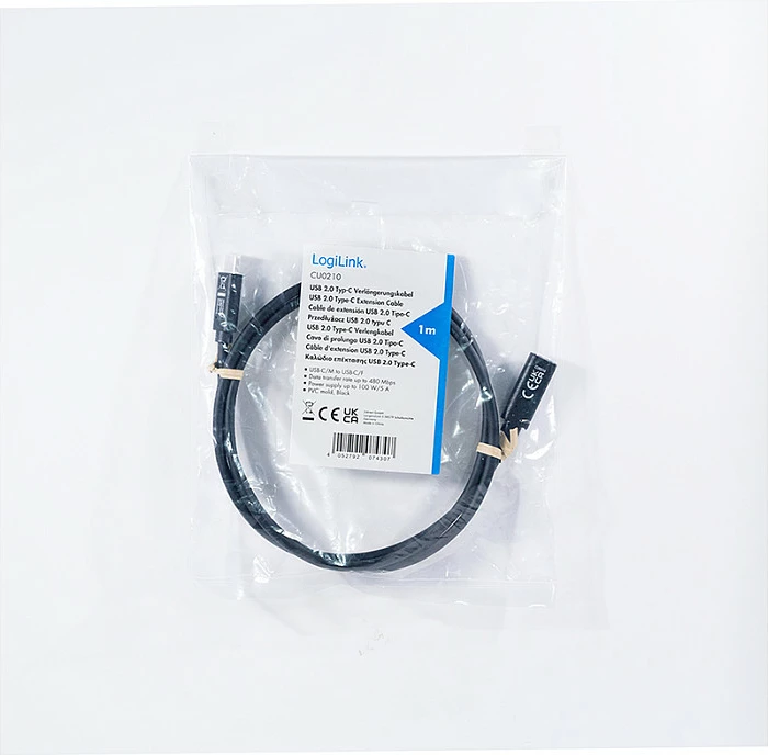 Kabllo USB 2.0 Type-C LogiLink, C mashkull në C femër, 1 m, 100W, e zezë