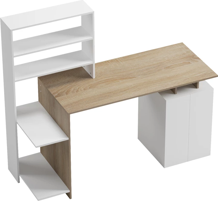 Tavolinë zyre me raft dhe dollap Meza, ngjyrë sonoma-bardhë, 146.3x55x128.8cm