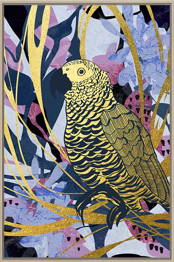 Pikturë dekorative me papagall tropikal, shumëngjyrëshe, dru natyral, 83x123x4 cm