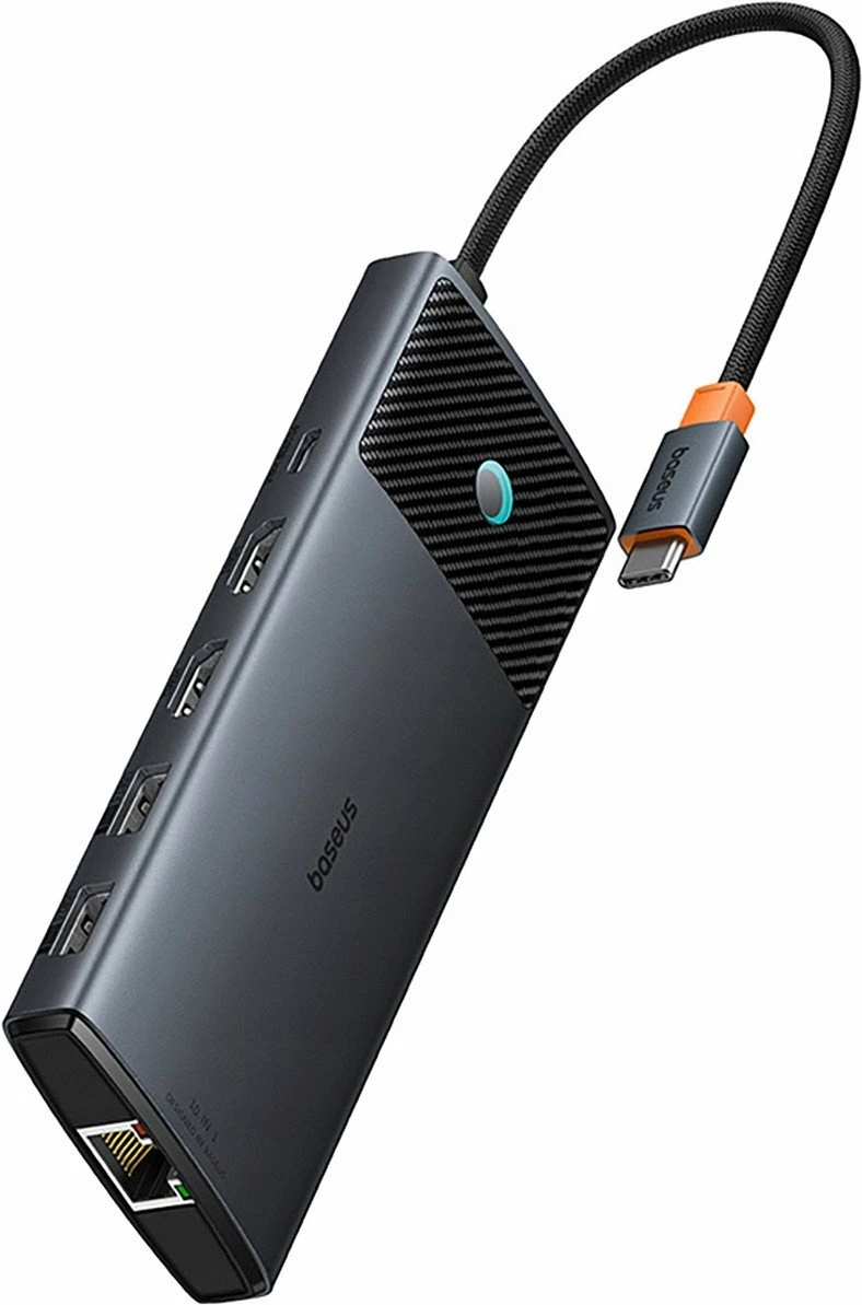 Hub USB-C Baseus Metal Gleam II 10n1, 2x HDMI 4K, RJ45, SD/TF, PD 100W, gri