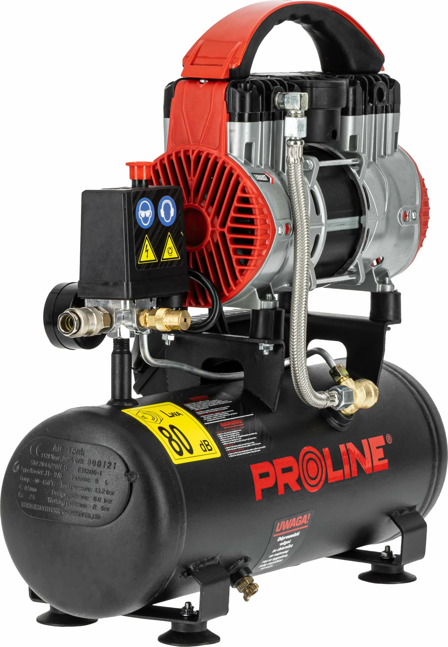 Kompresor ajri pa vaj PROLINE P200003, 9L, 750W/1HP, 8 bar, 167 L/min, kuqe/zezë