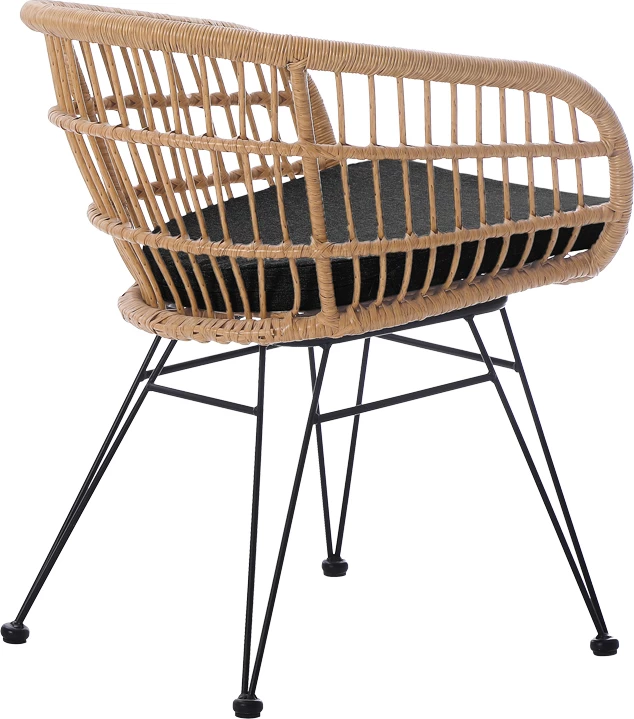 Karrige Naoki me jastëk pe rattan, ngjyrë natyrale, këmbë metalike të zeza, 63x61x79cm