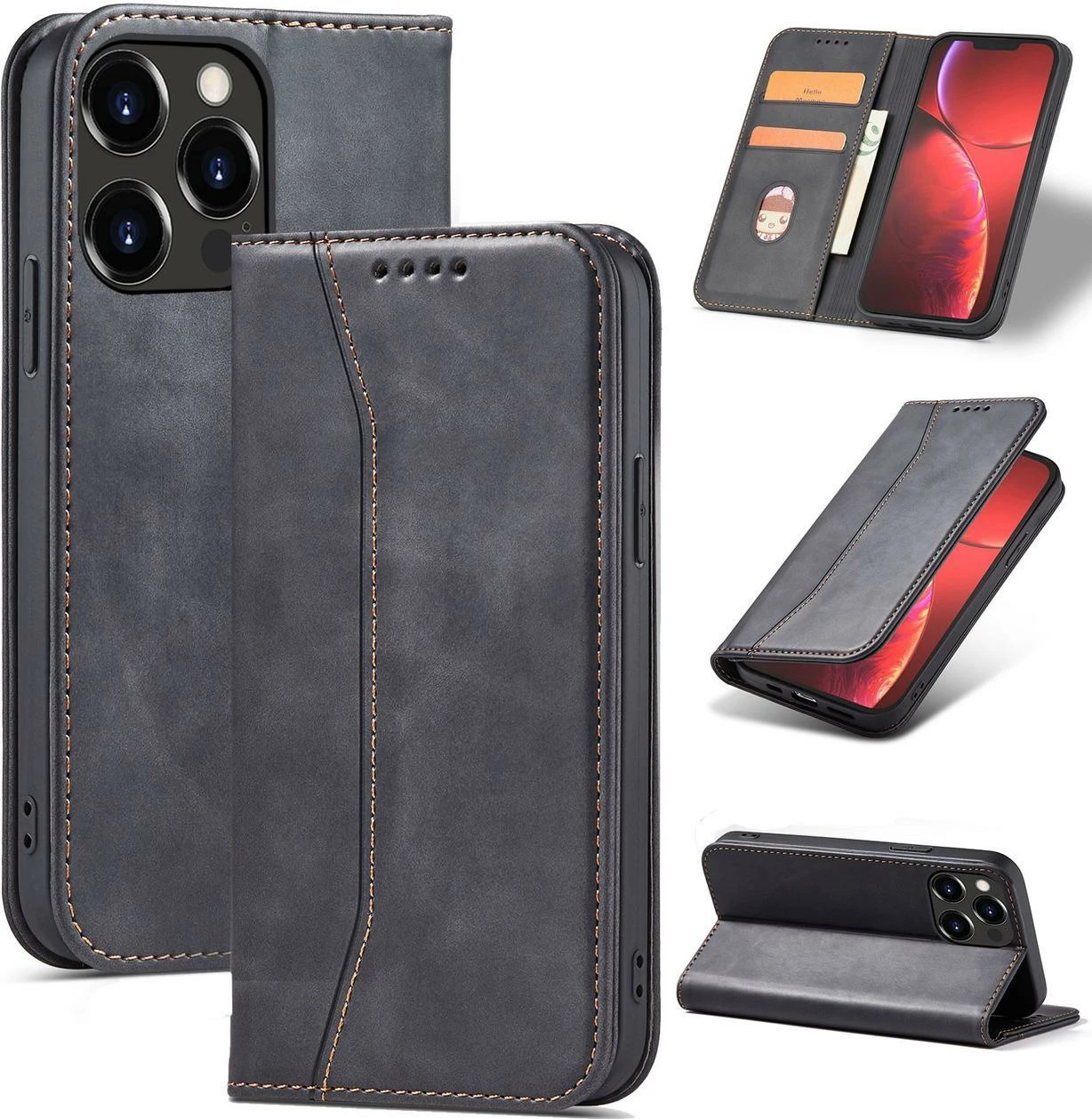 Mbështjellës Hurtel Magnet Fancy Case për iPhone 14 Pro Max, me kapak, portofol dhe qëndrim, e zezë