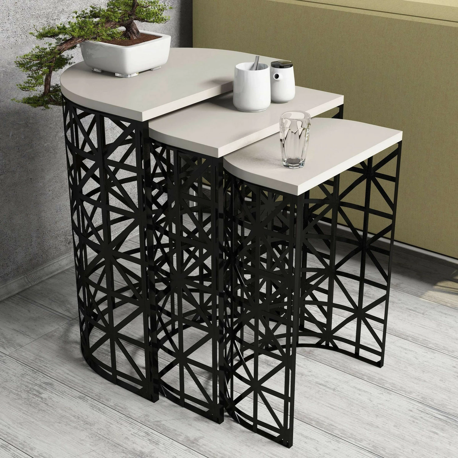 Set tavolinash ndihmëse (3 copë), Skye Decor, stil metal ferforje, krem