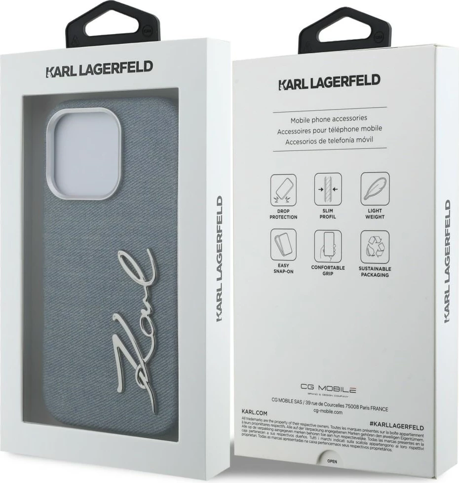 Mbështjellës Karl Lagerfeld Signature Jeans për iPhone 16 Pro Max me MagSafe, blu, me kuti