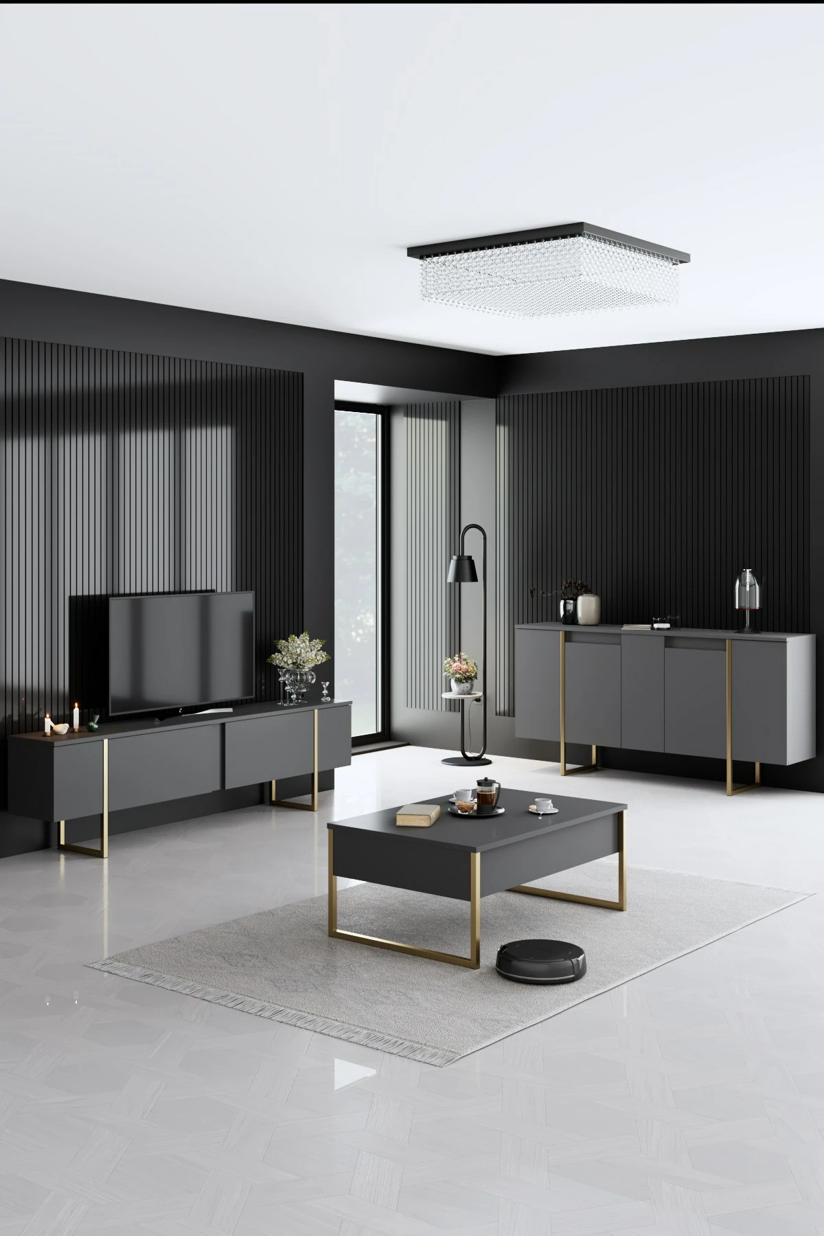Set mobiljesh për dhomë dite, Luxe, antracit, ari