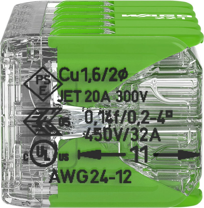 Klemë lidhëse kabllosh WAGO Seria 221 Green Range, 5-hyrje, 0.2-4 mm², 15 copë, transparent/jeshil