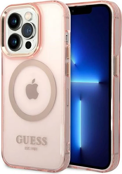 Mbështjellës Guess Gold Outline MagSafe për iPhone 14 Pro Max 6.7", rozë
