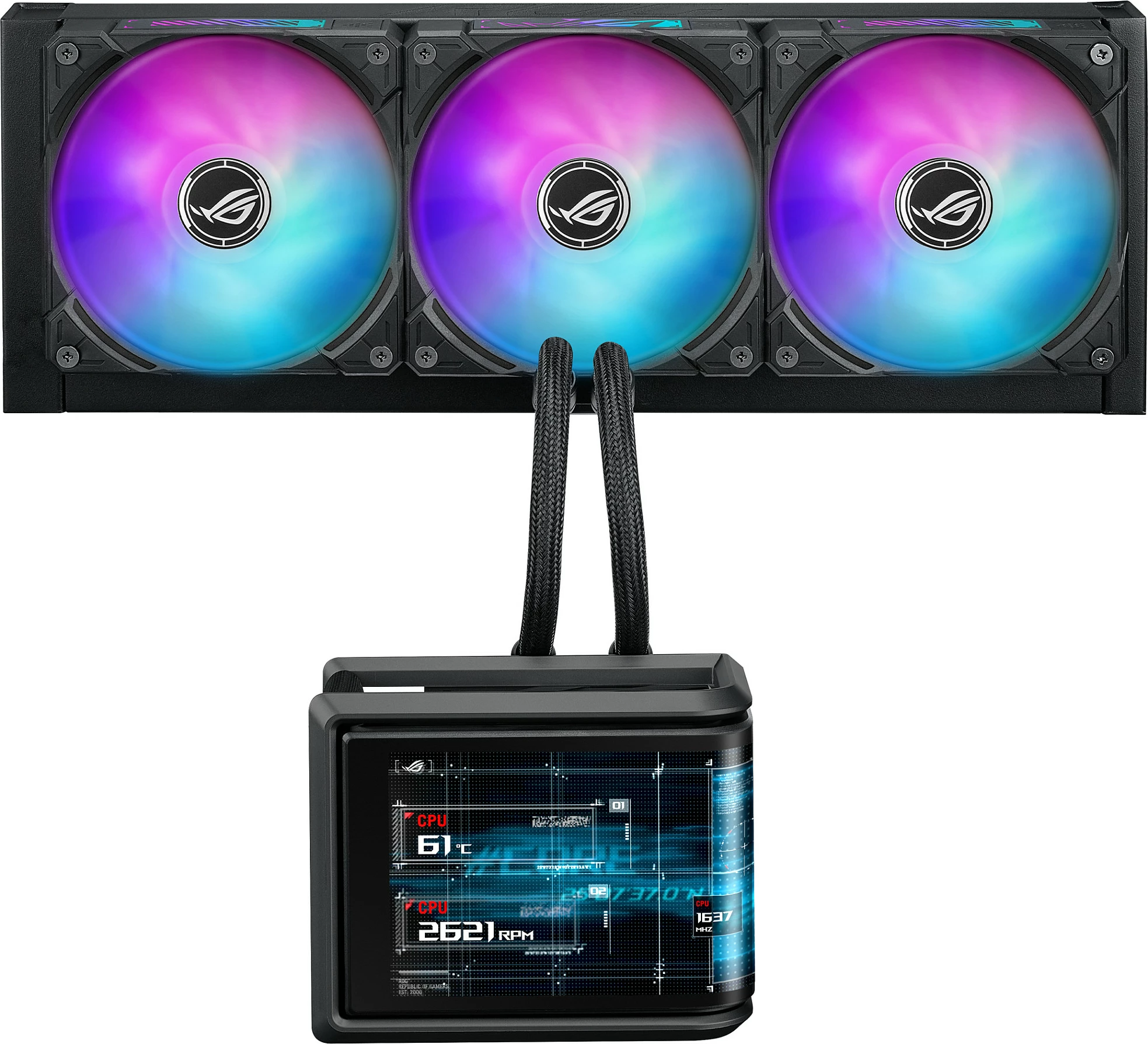 Ftohës uji AIO ASUS ROG RYUO IV SLC 360 ARGB, 3x120mm, AMOLED display, Intel/AMD, i zi
