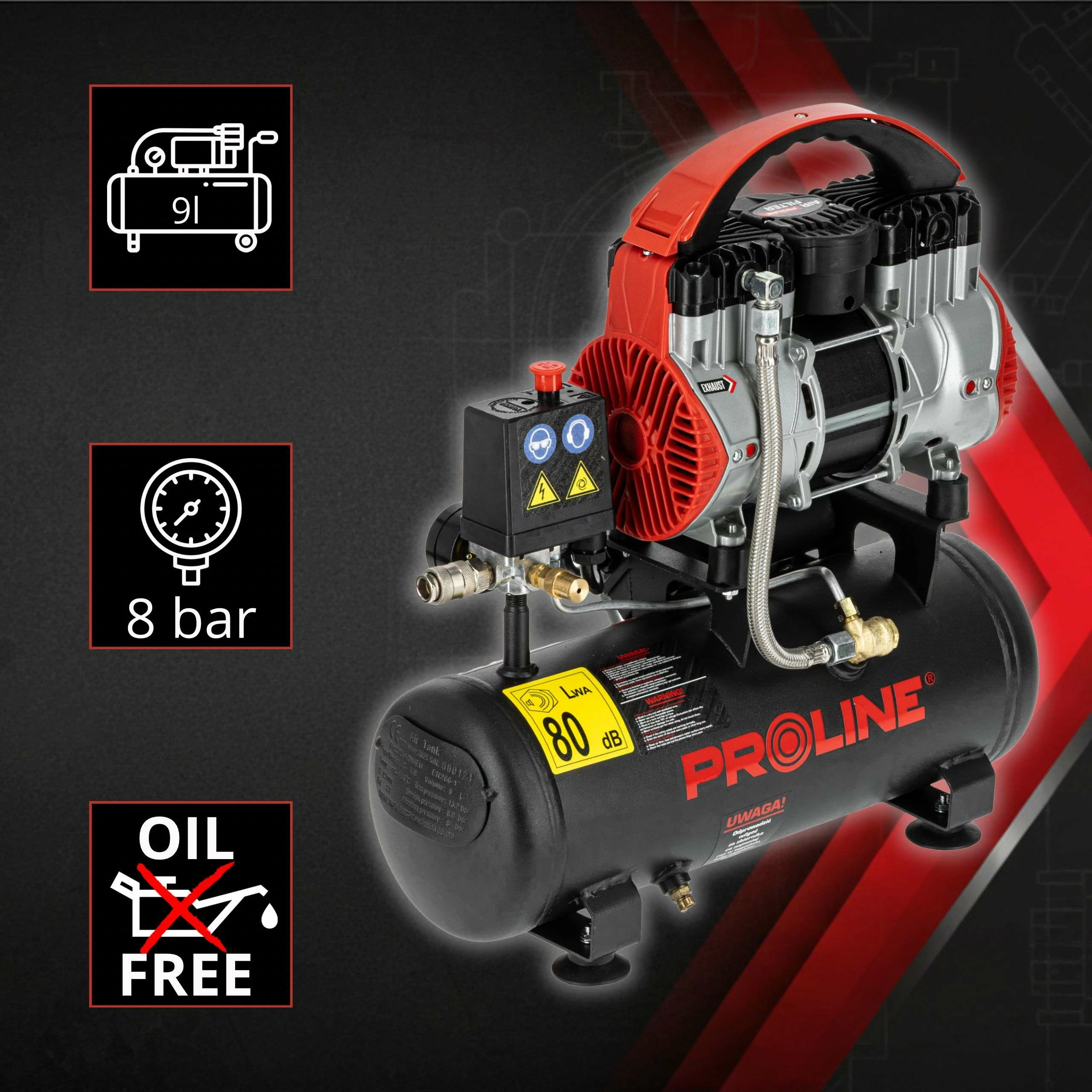 Kompresor ajri pa vaj PROLINE P200003, 9L, 750W/1HP, 8 bar, 167 L/min, kuqe/zezë