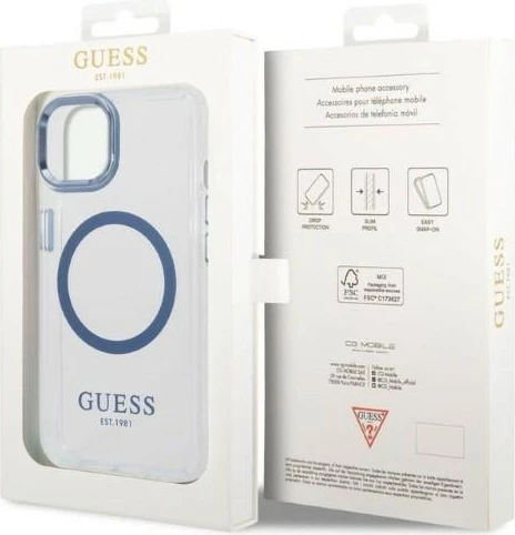 Mbështjellës Guess Metal Outline MagSafe për iPhone 14 Plus/15 Plus, Kaltër/Transparent