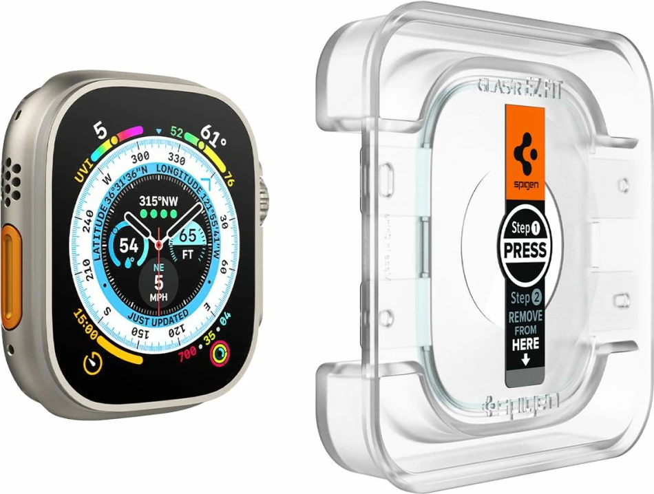 Xham i temperuar Spigen Glas.tR EZ Fit për Apple Watch Ultra / Ultra 2, 49 mm, 2 copë