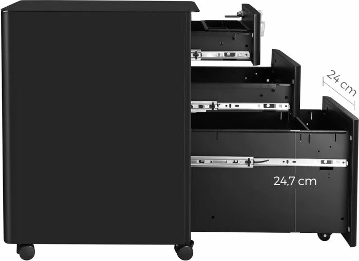 Komodinë zyre me 3 sirtarë me rrota SONGMICS OFC030B01, çelik, me kyç, 30 x 46 x 59 cm, e zezë