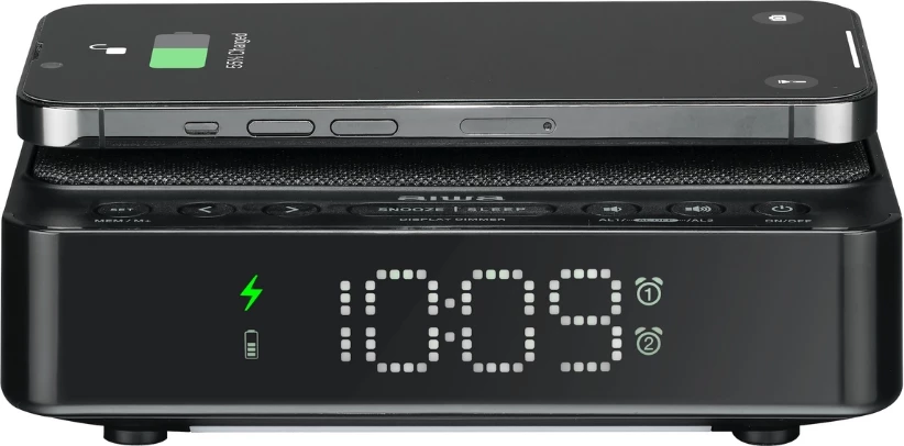 Orë alarmi me radio Aiwa CR-30BK, karikues wireless 5W, FM PLL, USB 1A, e zezë