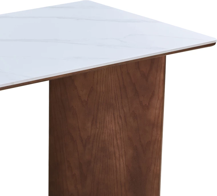 Tavolinë ngrënieje Versy, gur sintetik, MDF, ngjyrë mermeri të bardhë, bazë arre, 160x90x75cm