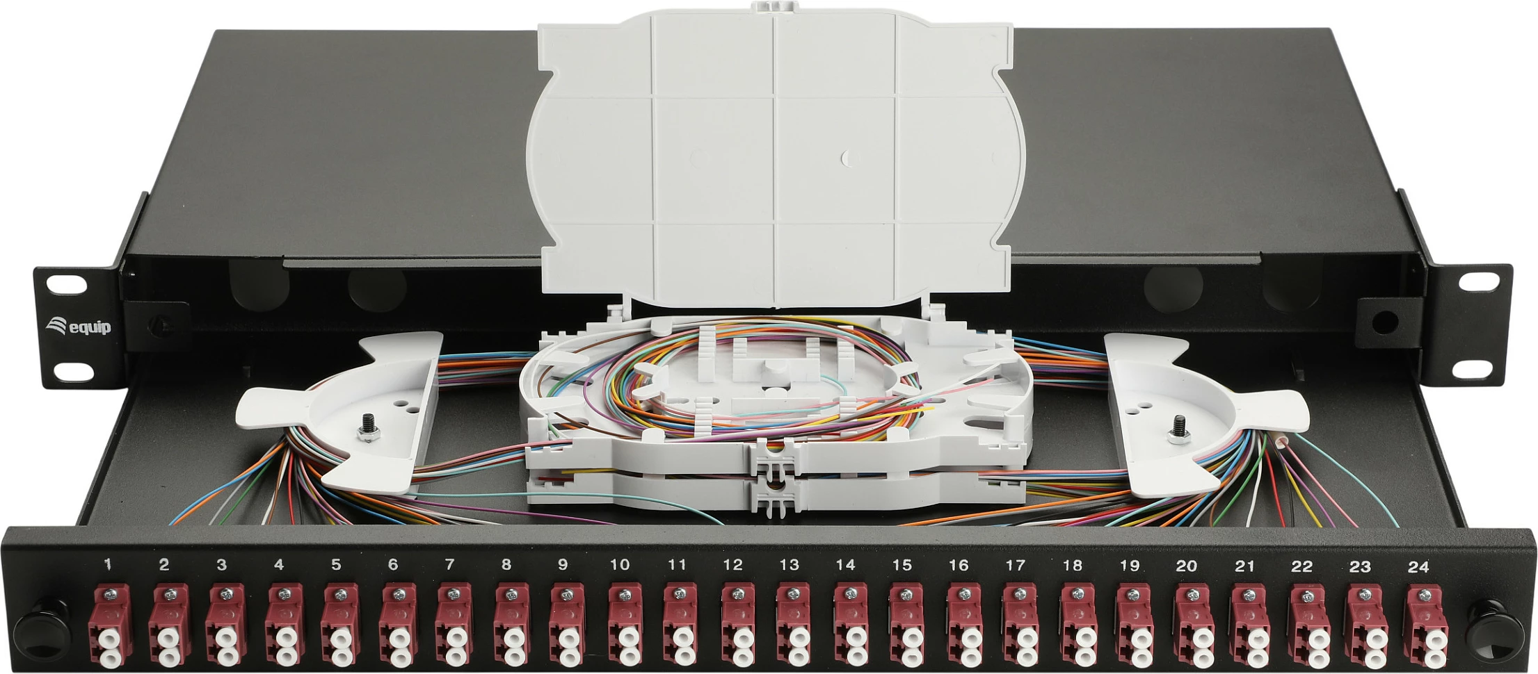 Panel splice fibër optike EQUIP 337214, 24 porta LC Duplex, OM4 MMF, 1U rack, i zi