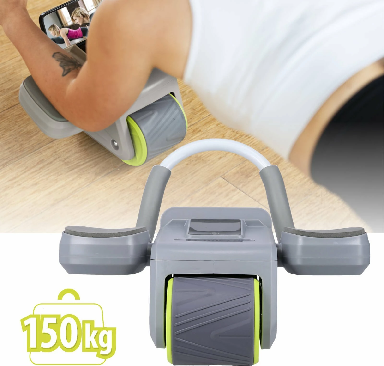 Rrotë abdominale automatike HMS KA08, ekran LCD, karikim USB-C, me jastëk gjuri, gri