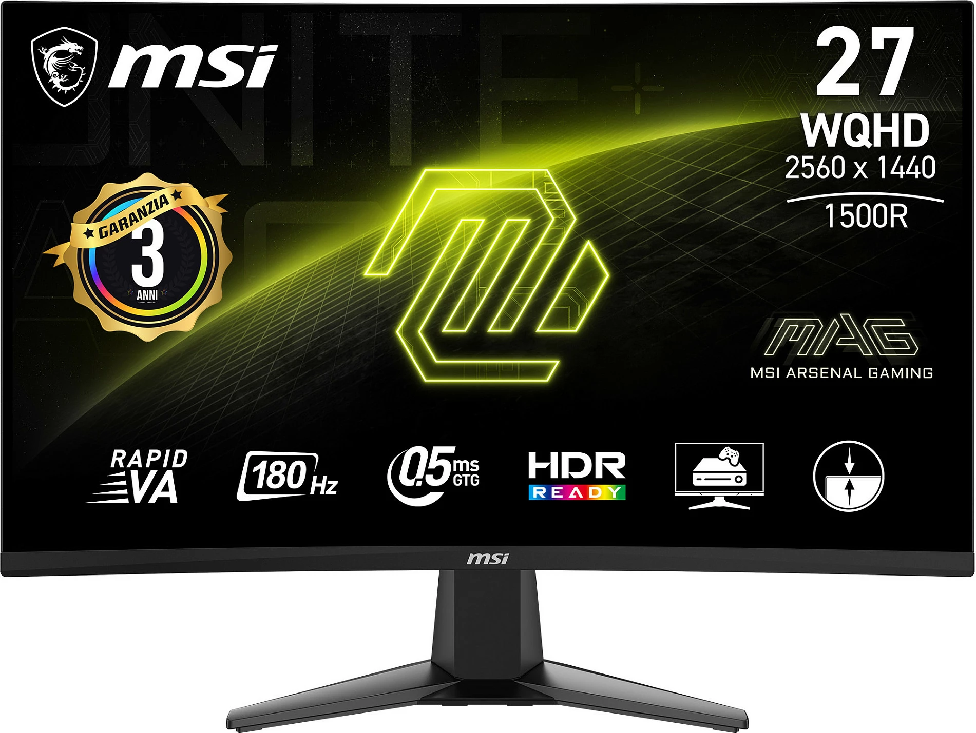 Monitor MSI MAG 27CQ6F, 27" WQHD 2560x1440 180Hz 0.5ms Rapid VA, i lakuar 1500R, HDR Ready