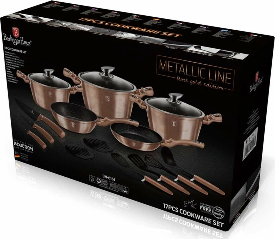 Set tenxheresh dhe tiganësh Berlinger Haus BH-6161, veshje graniti, për induksion, 17 copë, rose gold