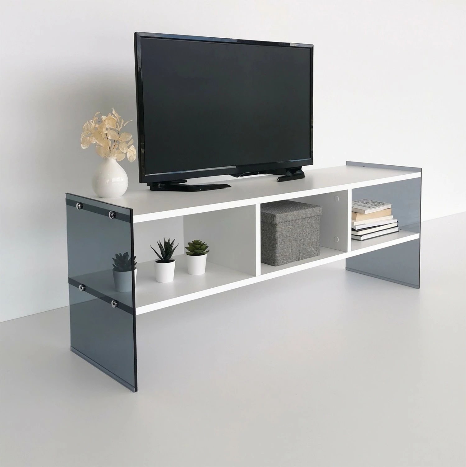 Komodë TV Skye Decor, TV401, e bardhë dhe fume