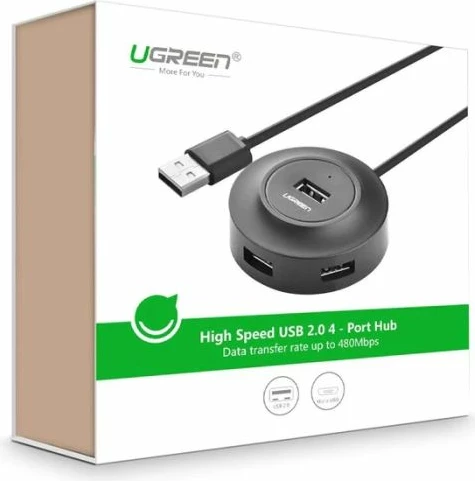 Hub USB 2.0 UGREEN 20277, 4 porta, kabllo 1 m, i zi, me kuti