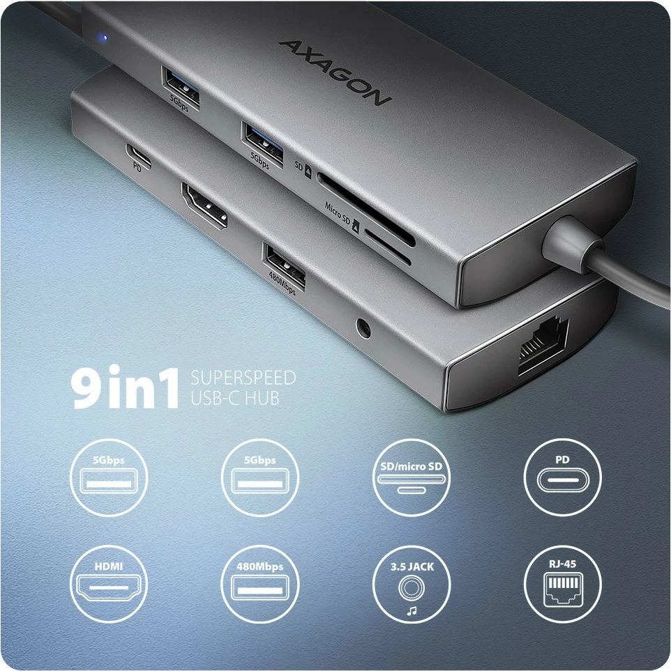 Hub multiport AXAGON HMC-8HLSA, 9-në-1, USB-C, HDMI 4K, 3x USB-A, SD/microSD, GLAN, Audio, PD 100W, 20cm, Gri