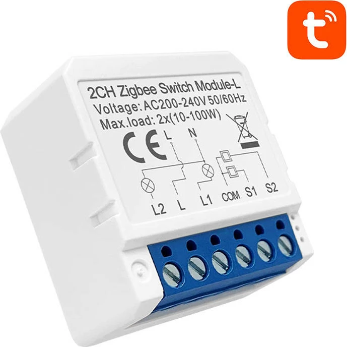 Modul switch smart ZigBee, Avatto LZWSM16-W2, 2 kanale, pa neutral, ZigBee 3.0, Tuya/Smart Life, i bardhë