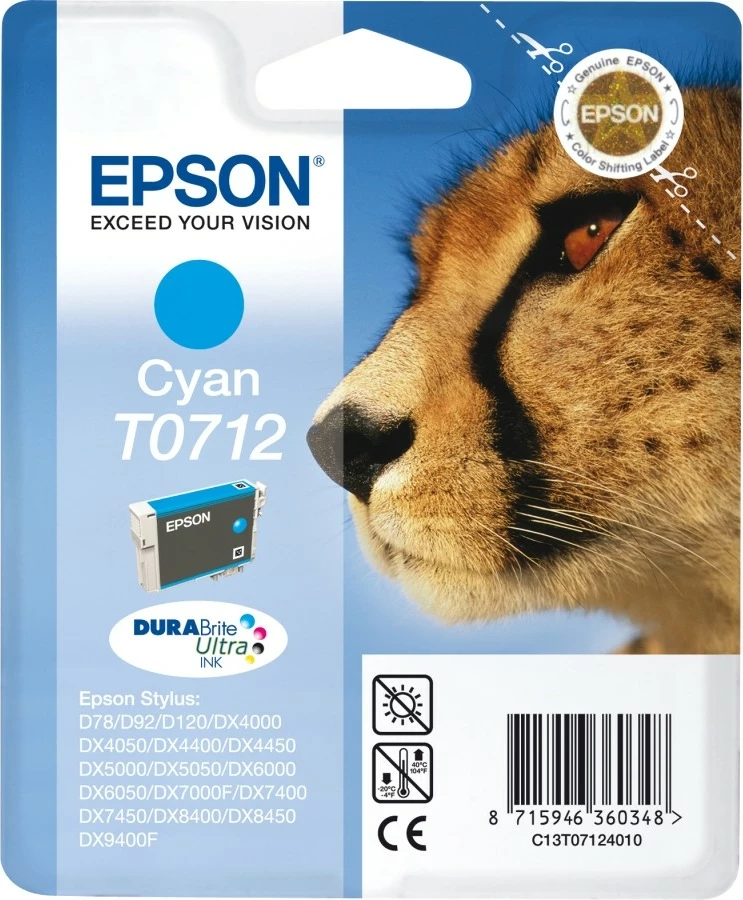 Toner Epson Cheetah Singlepack Cyan T0712 DURABrite Ultra Ink, 1 copë