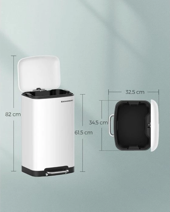 Kosh mbeturinash me pedal SONGMICS LTB01W 30 L, soft-close, me kovë të brendshme, metal, e bardhë