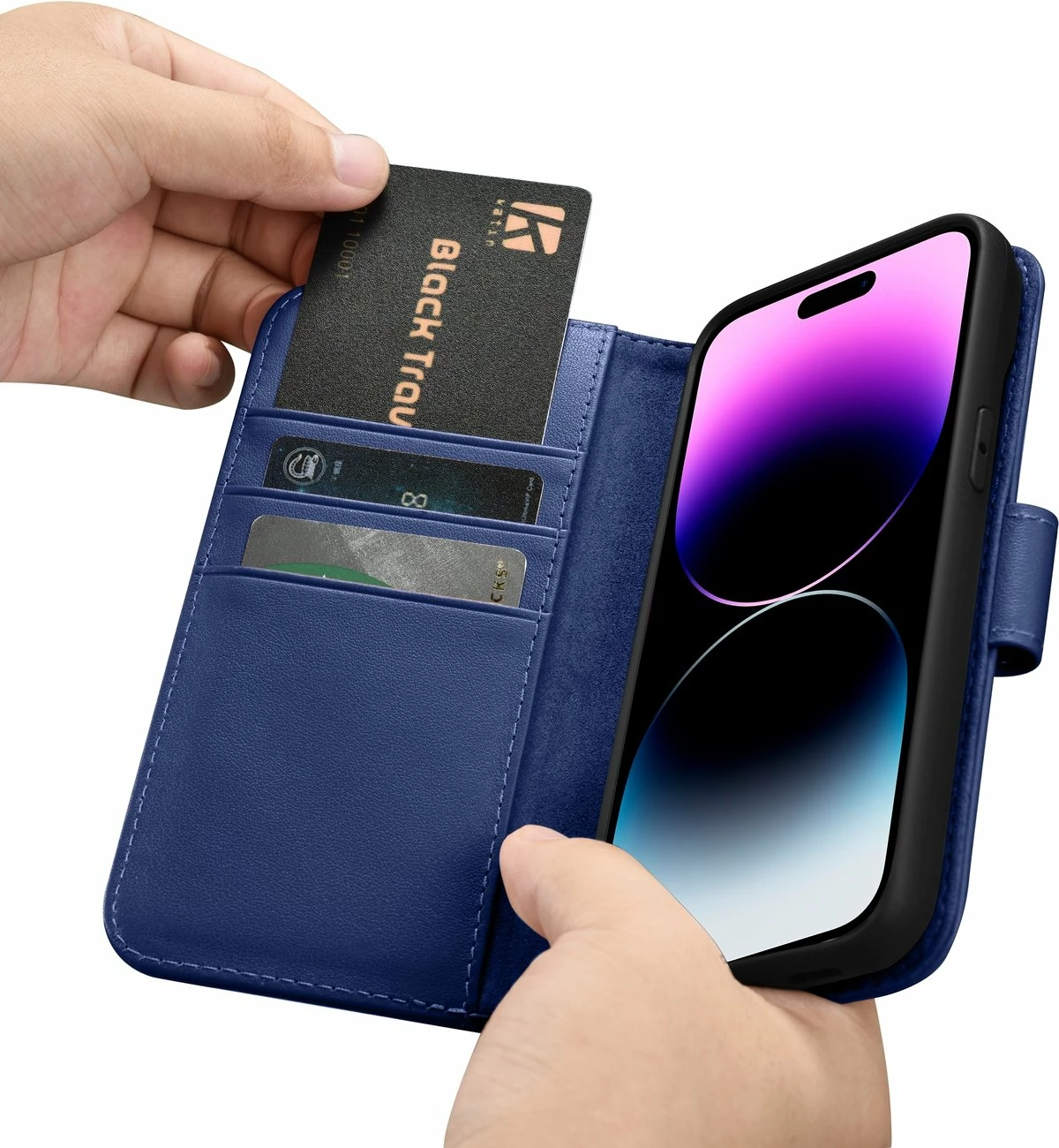 Mbështjellës iCarer Wallet Case 2in1 për iPhone 14 Pro, lëkurë natyrale, Anti-RFID, Blu