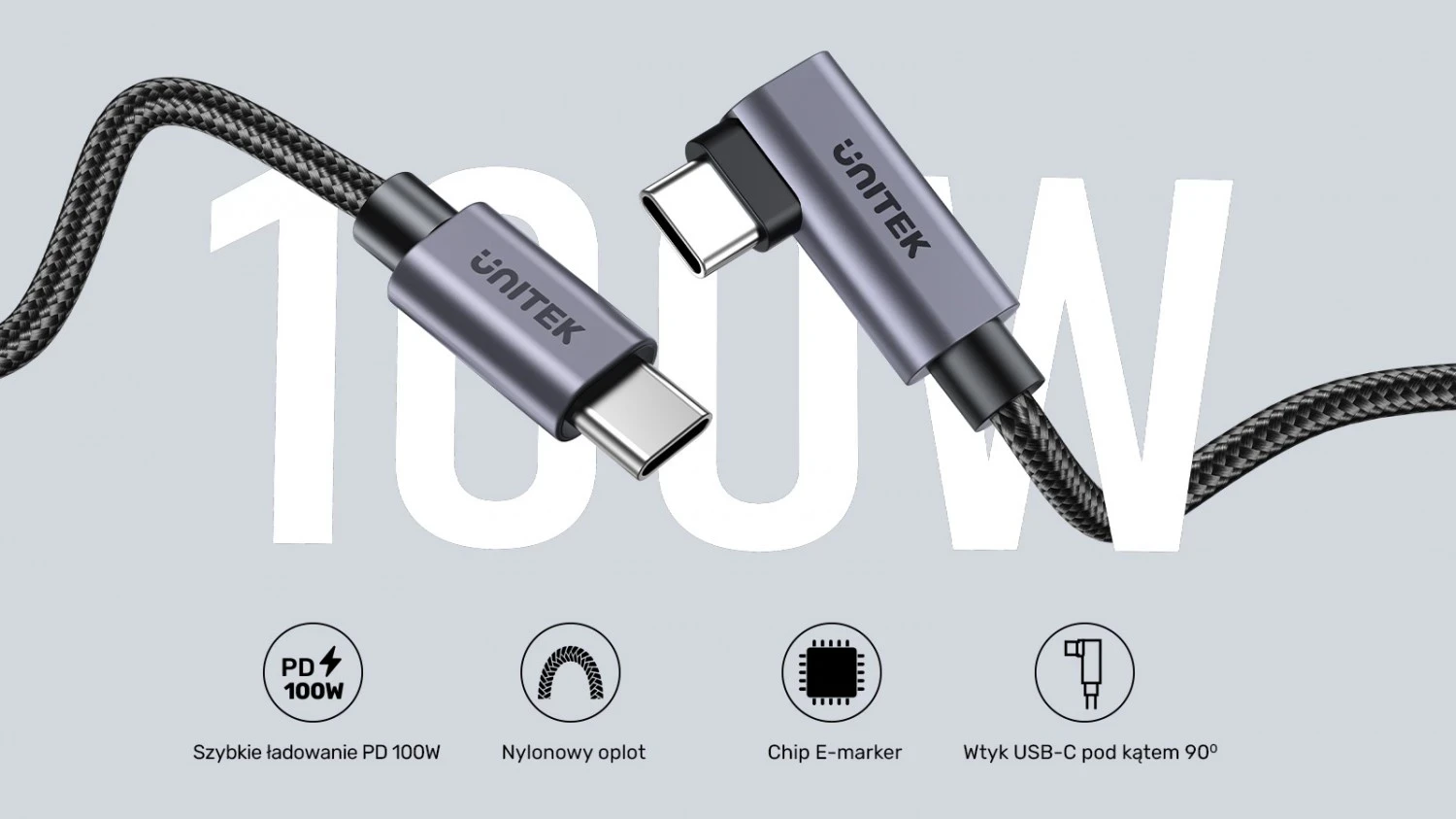 Kabull Unitek USB-C këndor 90° PD100W 3m, ngjyrë zi-hiri
