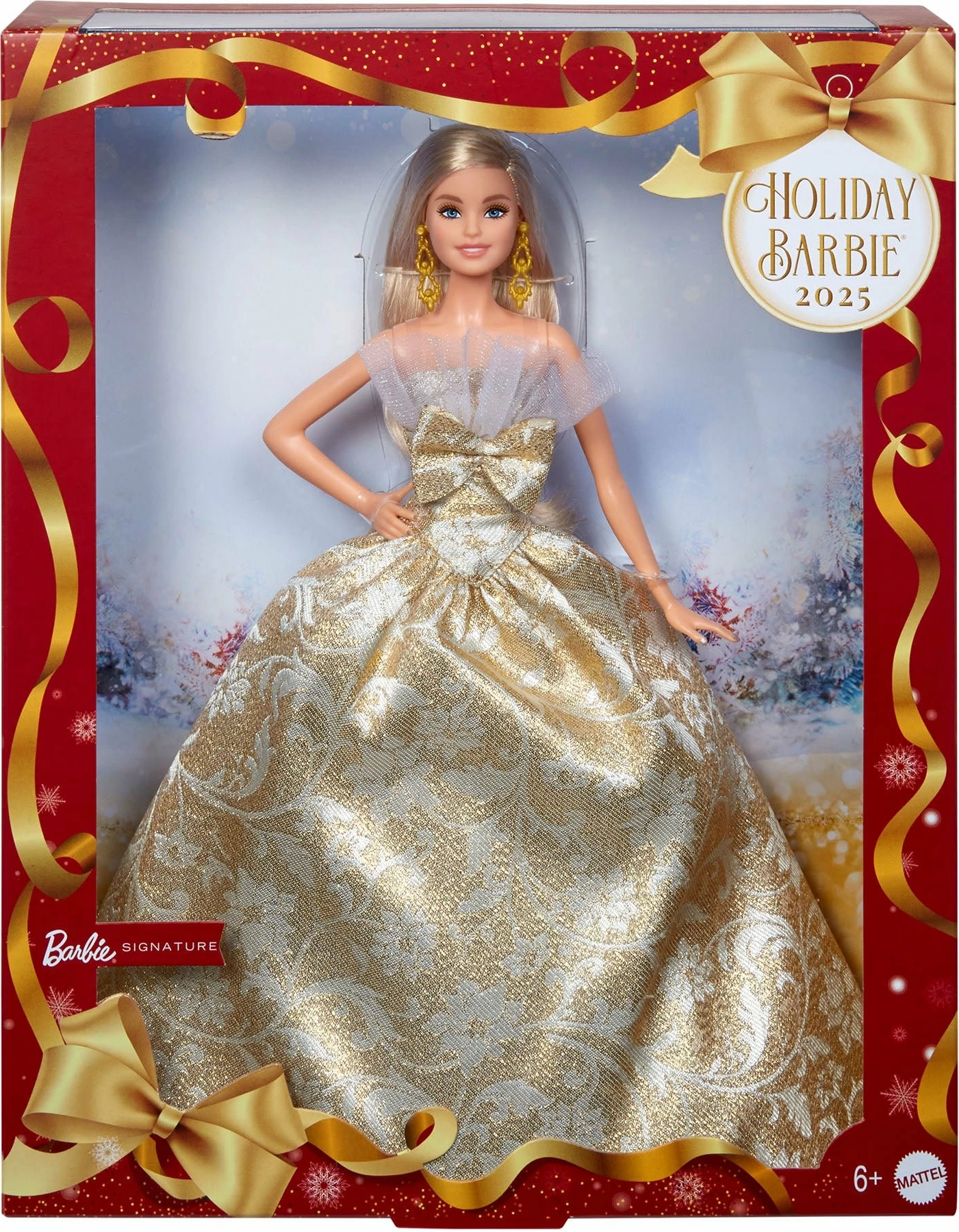 Kukull koleksionuese Barbie Mattel Signature Holiday Barbie 2025 JBH95, fustan gold-silver