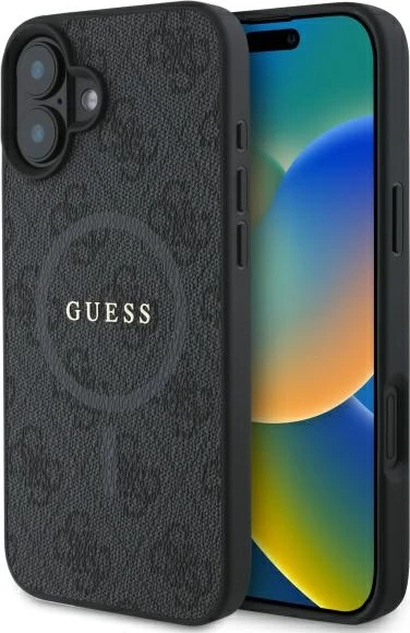 Mbështjellës Guess 4G Ring Classic Logo MagSafe për iPhone 16, e zezë