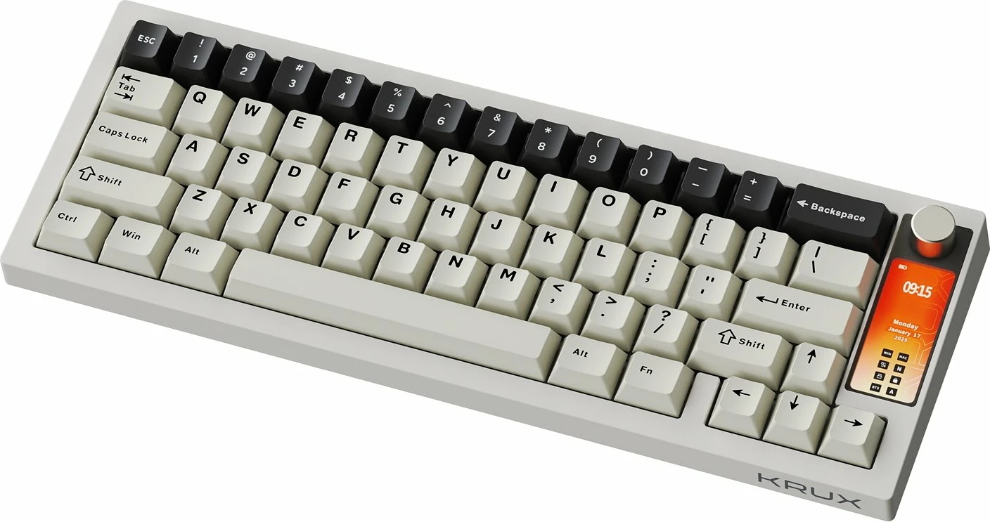 Tastierë mekanike gaming Krux Drox KRXA001 65% US ANSI, ARGB, hot-swap, USB-C/Bluetooth/2.4GHz, Krux Violet (purple), me ekran 2.3", e bardhë/gri