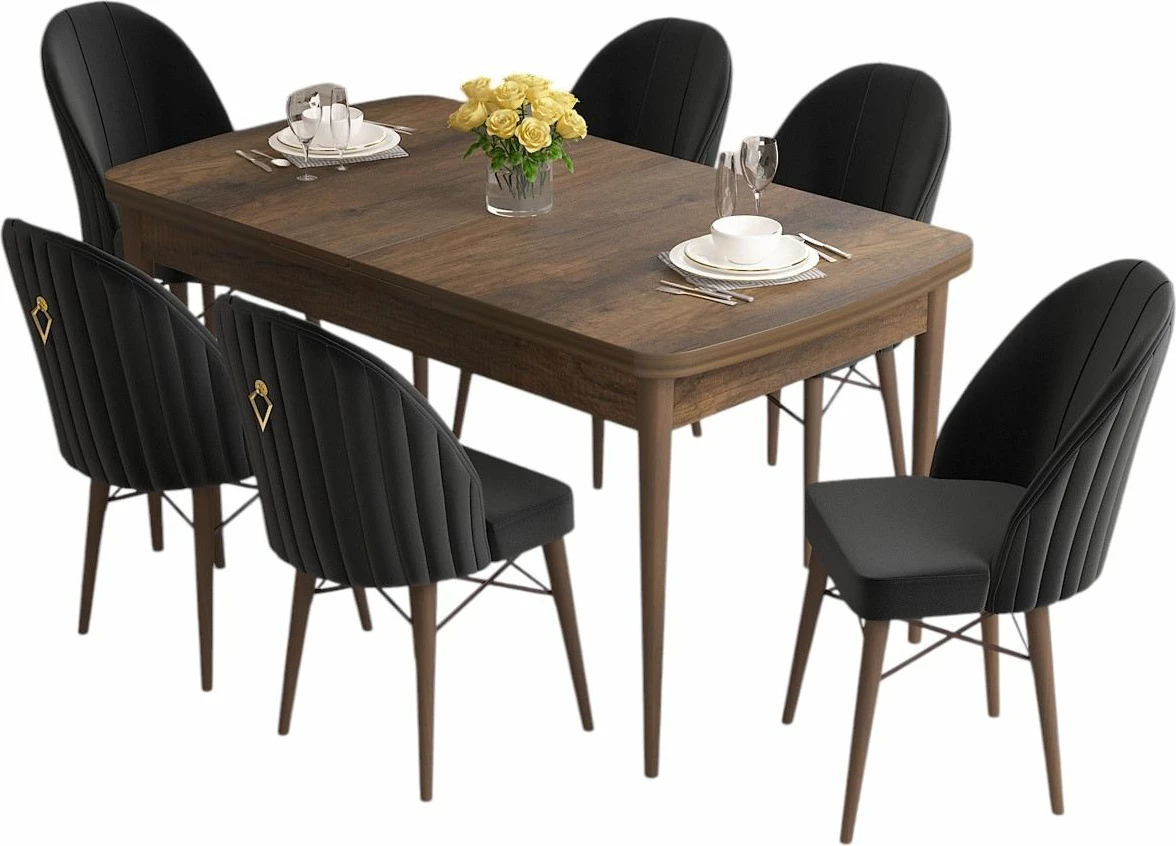 Set tavolinë me karrige për ngrënie, zgjatues, 7 pjesë, Skye Decor, roz - barok, e zezë