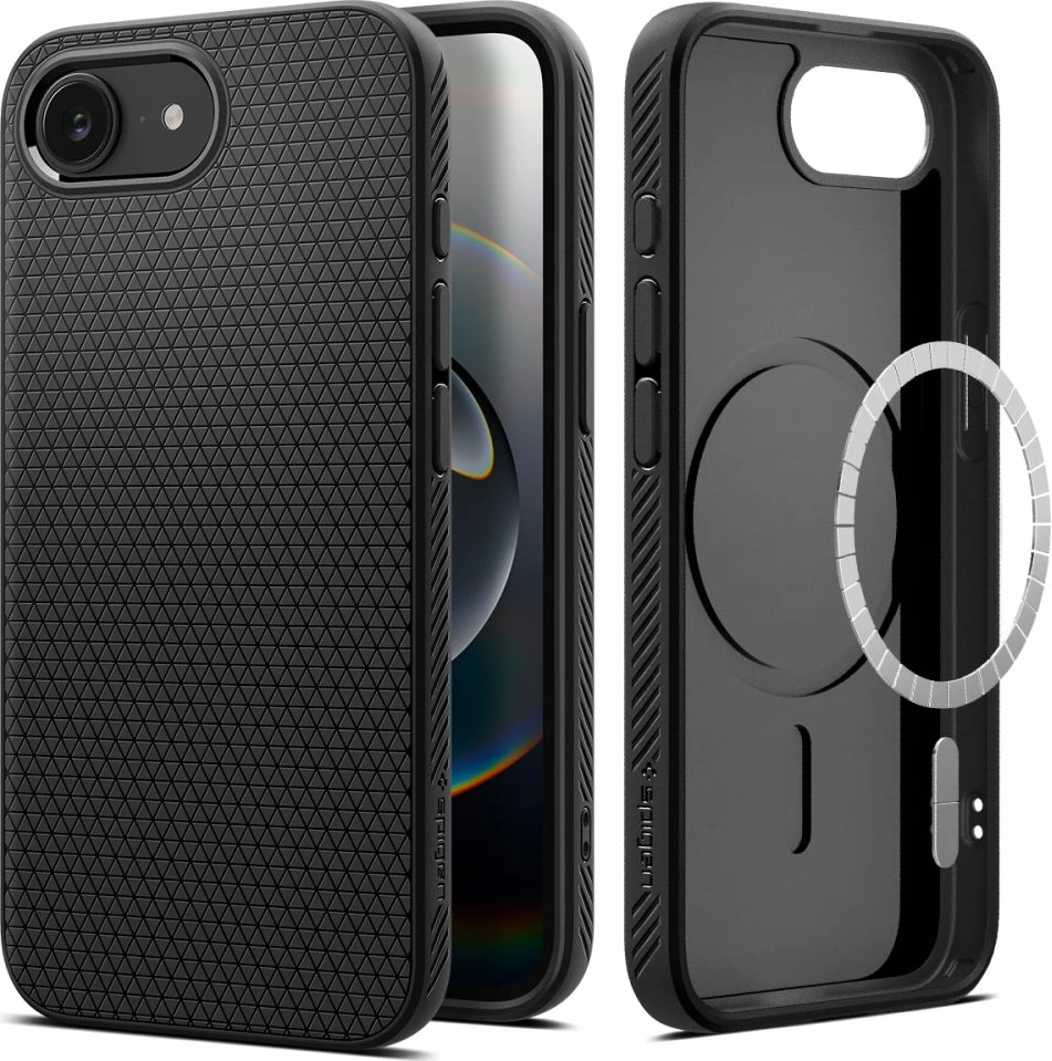 Mbështjellës Spigen Liquid Air Mag MagSafe për iPhone 16e, i zi, gjysmë-transparent