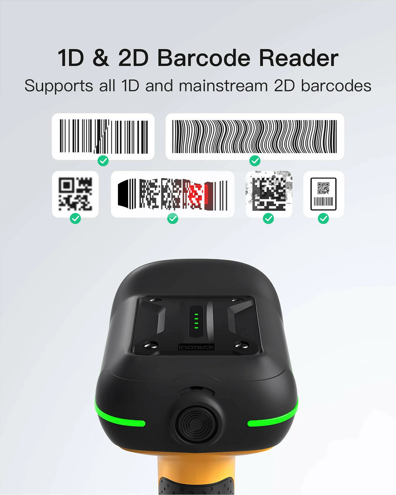 Skaner barkodi Inateck BCST-75S, 1D/2D, Bluetooth/2.4G/USB, IP67, me dock karikimi, zi/verdhe