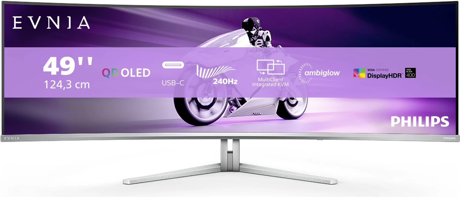 Monitor Philips 49M2C8900 QD-OLED 49 inç, 5120x1440, 32:9, Ambilight, USB-C, i bardhë